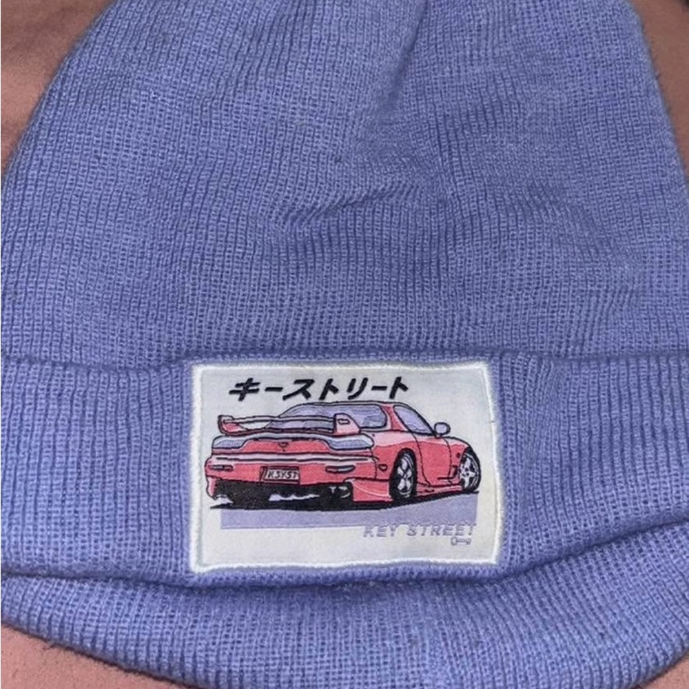 Blue Beanie with Car Graphic